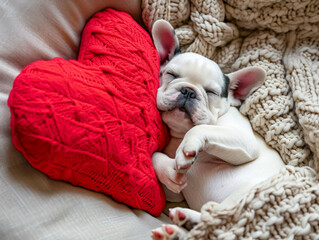 Cute French Bulldog puppy sweetly sleeping by the red heart shaped pillow.