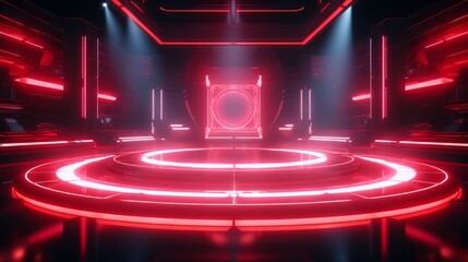 Fototapeta na wymiar Modern futuristic concert stage with dynamic neon red illumination. Modern Night Club. Concept of virtual reality events, futuristic concerts, and high tech stage design. Vertical format