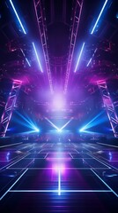 Modern futuristic concert stage with dynamic neon blue purple illumination. Modern Night Club. Concept of virtual reality events, futuristic concerts, and high tech stage design. Vertical format - obrazy, fototapety, plakaty