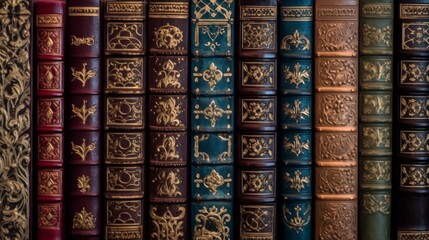 Elegant old books with decorative spines on a shelf. Concept of vintage literature, decorative bookbinding, and classic reading material.