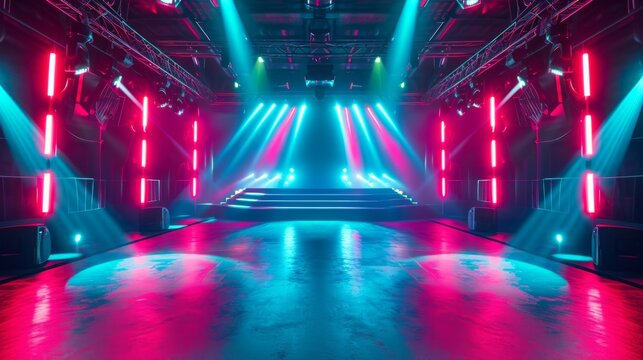 Bright Modern futuristic concert stage with dynamic neon red blue illumination. Modern Night Club. Concept of virtual reality events, futuristic concerts, and high tech stage design.