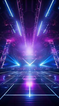 Modern futuristic concert stage with dynamic neon blue purple illumination. Modern Night Club. Concept of virtual reality events, futuristic concerts, and high tech stage design. Vertical format