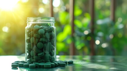 Transparent glass jar filled with Spirulina or Chlorella green tablets on blurred bokeh background of green plants and sunlight. Copy space. Concepts of health, organic superfood, dietary supplements