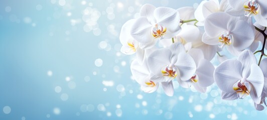 White orchids bouquet against sparkling blue background with bokeh. Banner with copy space. Ideal for poster, greeting card, event invitation, promotion, advertising, print, elegant design - obrazy, fototapety, plakaty