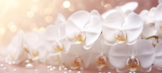 Orchids bouquet on light peach background with glitter and bokeh. Banner with copy space. Perfect...