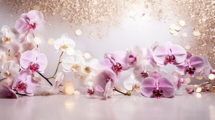 Purple Orchids bouquet on light background with glitter and bokeh. Banner with copy space. Perfect for poster, greeting card, event invitation, promotion, advertising, print, elegant design