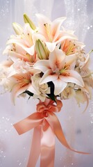 Obraz na płótnie Canvas White lilies huge bouquet with peach ribbon bow on light background with glitter and bokeh. Perfect for poster, greeting card, event invitation, promotion, advertising, elegant design. Vertical format