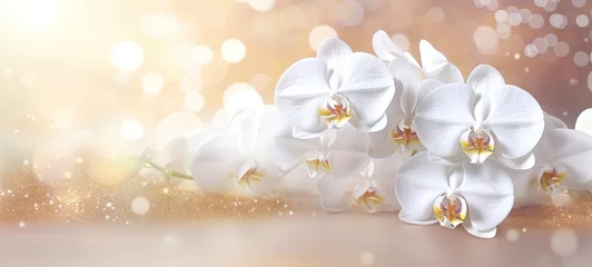 Fototapeten Orchids bouquet on light peach background with glitter and bokeh. Banner with copy space. Perfect for poster, greeting card, event invitation, promotion, advertising, print, elegant design © Jafree
