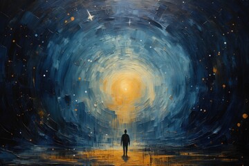  a painting of a man standing in the middle of a dark tunnel with stars in the sky and a light at the end of the tunnel. - obrazy, fototapety, plakaty