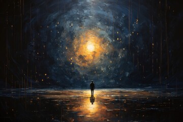  a painting of a person standing in the middle of a dark room with a bright light at the end of the room.