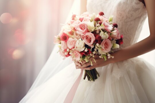  a woman in a wedding dress holding a bridal bouquet of pink and white flowers in front of a window.