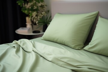  a close up of a bed with a green comforter and a plant in a vase on the side of the bed.