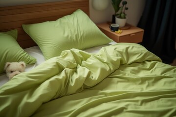  a teddy bear laying on top of a bed covered in a green comforter next to pillows and a night stand.