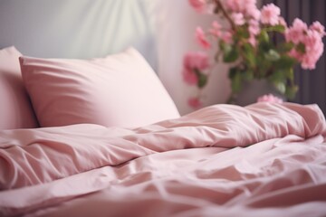  a close up of a bed with a pink comforter and a vase of flowers on the side of the bed.