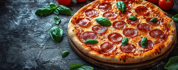 Foto op Plexiglas Delicious pepperoni pizza on a dark background, sausage pizza, italian pepperoni pizza in pizzeria © Vasiliy