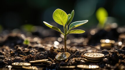  a small plant sprouting out of a pile of coins on top of a pile of dirt with water droplets on the ground.