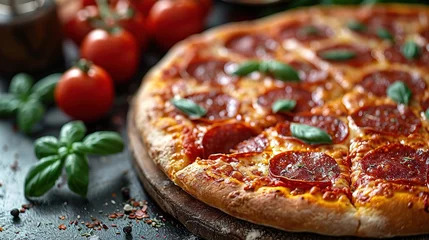 Fotobehang Delicious pepperoni pizza on a dark background, sausage pizza, italian pepperoni pizza in pizzeria © Vasiliy