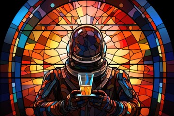  a man in a space suit holding a glass of beer in front of a stained glass window with a man in a space suit holding a glass.