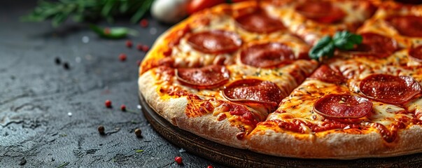 Delicious pepperoni pizza on a dark background, sausage pizza, italian pepperoni pizza in pizzeria - obrazy, fototapety, plakaty