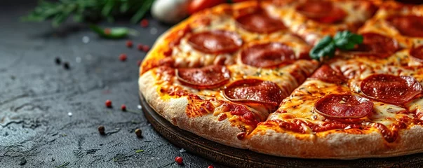 Foto op Aluminium Delicious pepperoni pizza on a dark background, sausage pizza, italian pepperoni pizza in pizzeria © Vasiliy