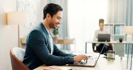 Laptop, typing and happy asian business man in office smile for email, planning or feedback report in coworking space. Online, review and Japanese male manager with proposal, research or satisfaction - Powered by Adobe