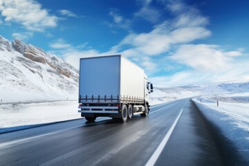  a semi truck driving down a snowy road under a blue sky with white puffy clouds and a mountain in the background.