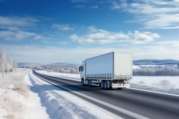  a white semi truck driving down a road in the middle of a snow covered field with trees on both sides of the road.
