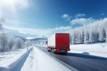  a red and white truck driving down a road next to a snow covered pine tree covered mountain under a blue sky.