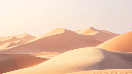 Fototapeta na wymiar Smooth Sand Dunes under Soft Sunset Light. Gentle Curves and Ripples of a Desert Landscape 