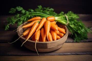  a wooden bowl filled with lots of carrots on top of a wooden table next to a bunch of parsley.