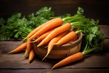 a bunch of carrots sitting in a basket on top of a wooden table next to a bunch of parsley.