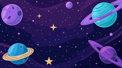 Doodles of space including planets, stars and other celestial bodies.