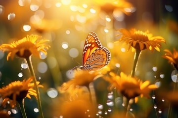  a close up of a butterfly on a flower in a field of flowers with dew drops on the petals and the sun shining in the background.