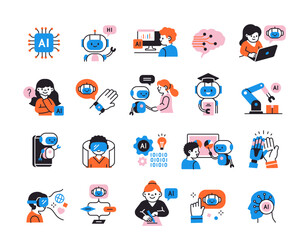 Set of artificial intelligence color icons. Sign with cute chat bot, robotic arm, digital brain and neural networks. Modern technologies. Cartoon linear vector collection isolated on white background