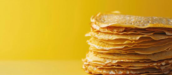 Stack of Freshly Made Golden Crepes, copy space. Golden stack of homemade crepes on a flat background.