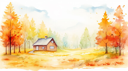 Naklejka na ściany i meble Lonely cabin in woods during autumn cartoon drawing, AI Generated