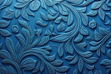  a close up of a blue wall with a pattern of leaves and flowers in the middle of the wall and the bottom half of the wall. - obrazy, fototapety, plakaty