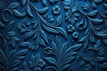 a close up view of a blue wallpaper with leaves and flowers on a dark blue background with a black background.