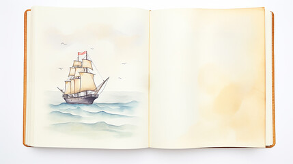 Antique leather-bound travel journals with sketches and notes cartoon drawing, AI Generated