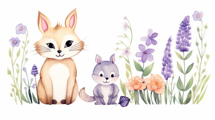 Animals and lavender, Cartoon drawing, Water color style, AI Generated