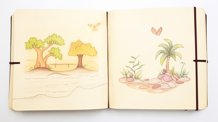 Antique leather-bound travel journals with sketches and notes cartoon drawing, AI Generated