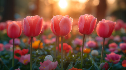 Sunrise Serenity: Dewy Tulips Aglow in Early Morning Light