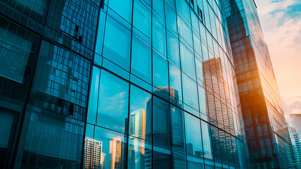 Elegant Glass Facade with Reflective Business Building in Downtown Setting - obrazy, fototapety, plakaty
