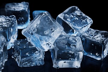  a pile of ice cubes sitting on top of a black table covered in drops of water on top of them.