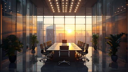 High-Rise Office Tower Executive Meeting in Modern Conference Room