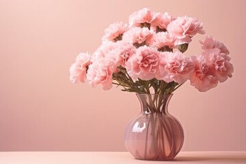  a pink vase filled with pink carnations on top of a white counter top next to a pink wall.