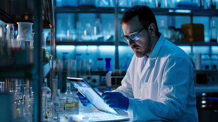 Scientist in lab coat reviewing intricate experiment data on a digital tablet