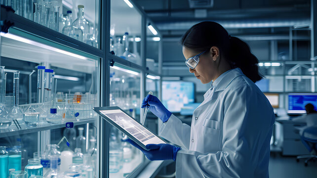 Scientist in lab coat reviewing intricate experiment data on a digital tablet