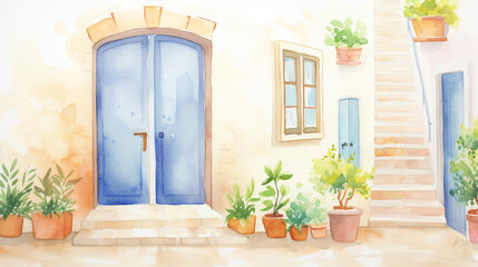 Colorful doorways and windows in Mediterranean village cartoon drawing, AI Generated