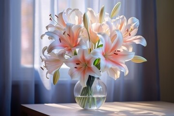  a vase filled with white and pink flowers sitting on top of a wooden table next to a window sill.